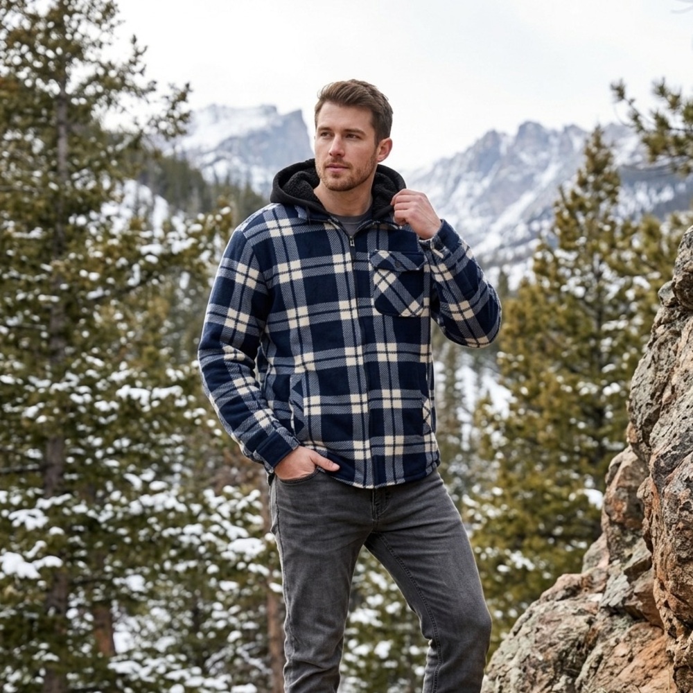 Kyodan Outdoor Mens Plaid Hooded Sherpa-Lined Fleece Sweater Jacket Large